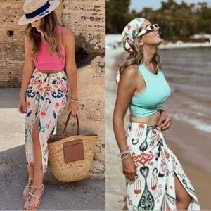 Zara Pareo Linen Blend Knot Wrap Look Midi Skirt: Size XS